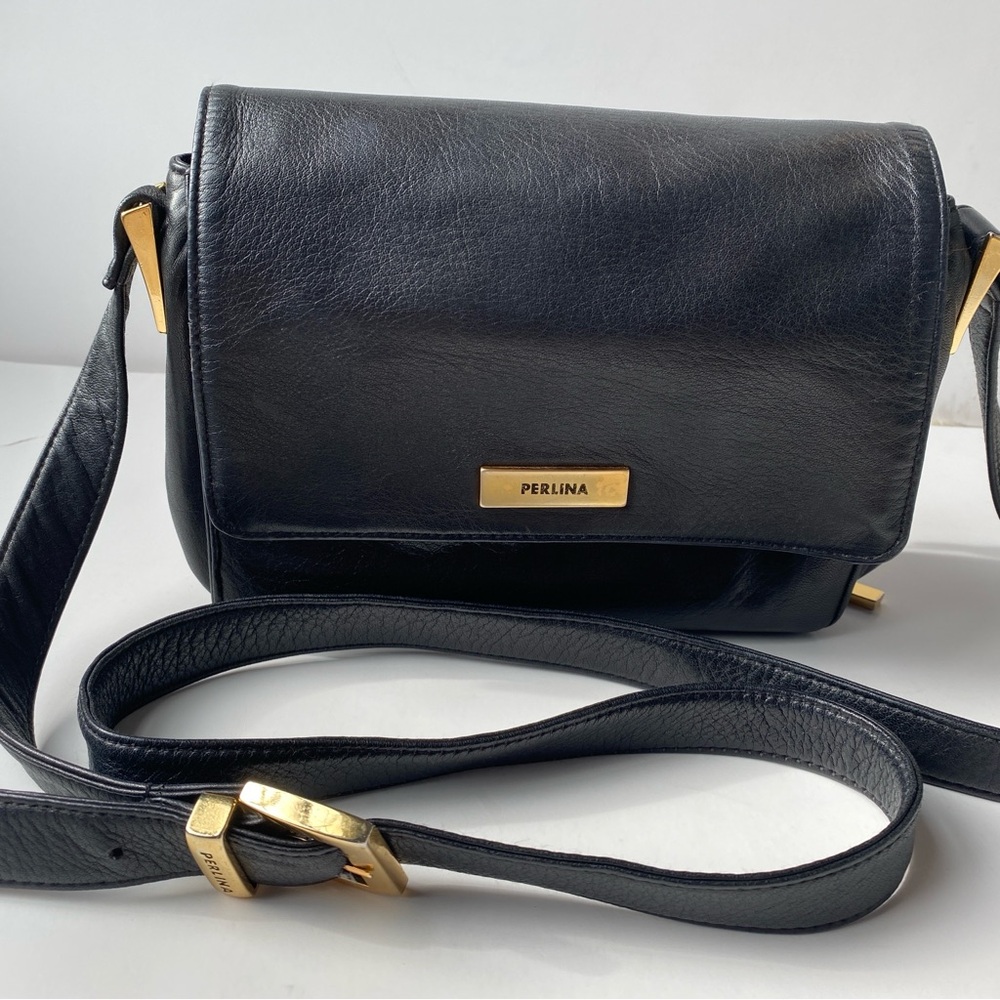 Perlina New York Black Leather Purse with Gold Hardware